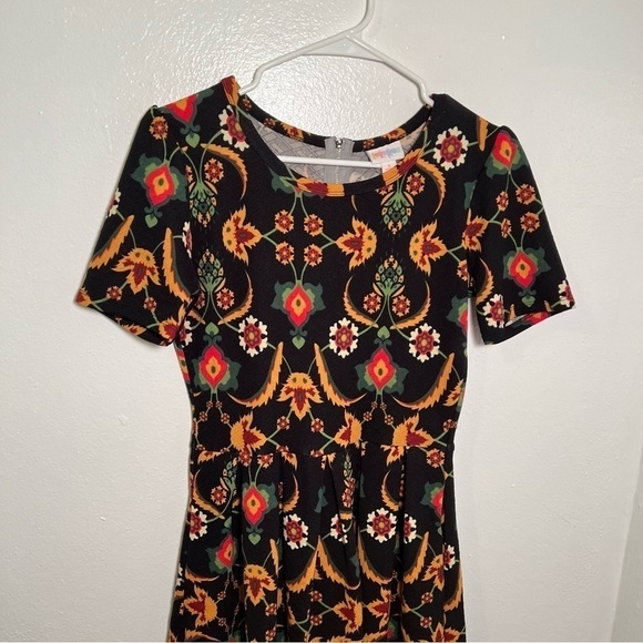 Lularoe Amelia Fit & Flare Dress Black Mustard Floral - Picture 2 of 12